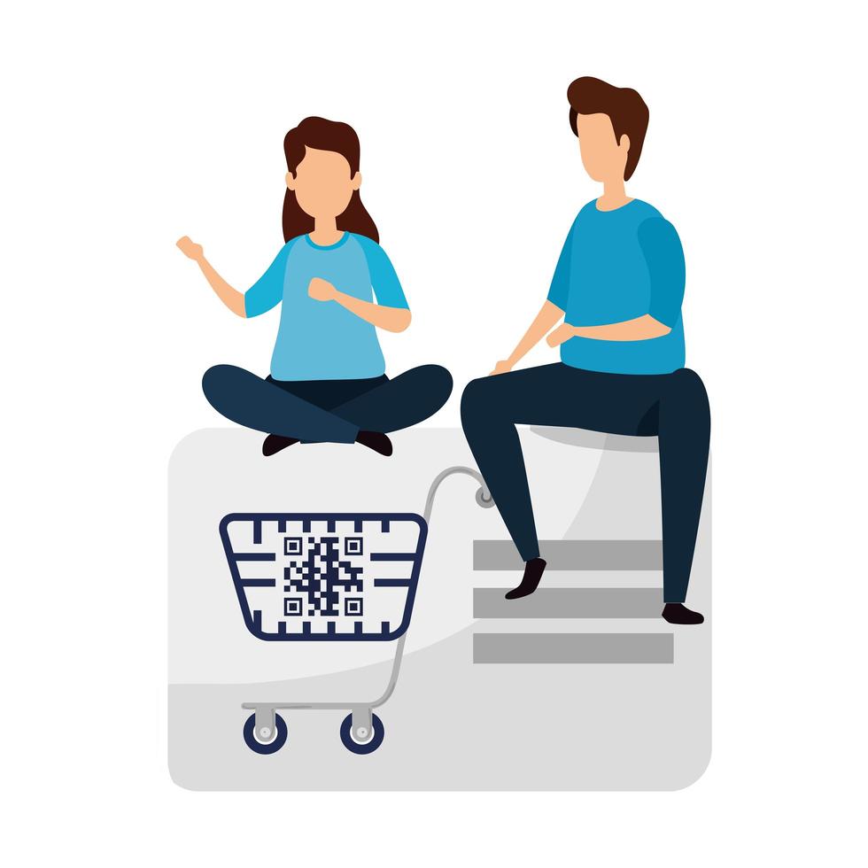 couple with qr code in cart shopping vector