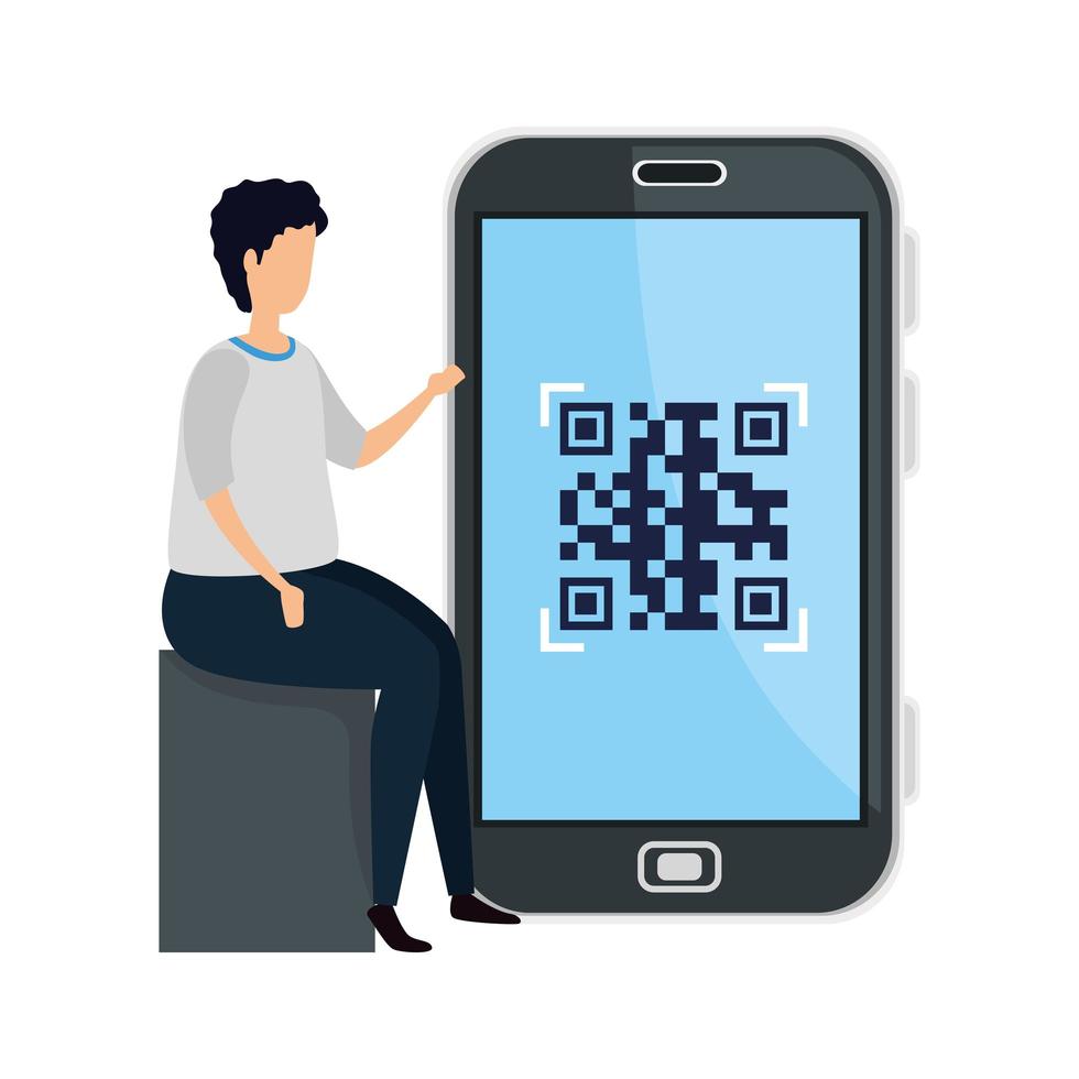 man and smartphone device with scan code qr vector