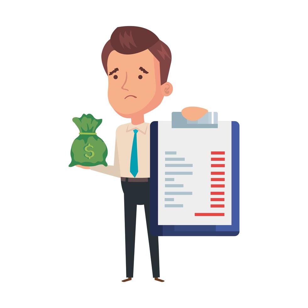 money bag with businessman and clipboard document vector