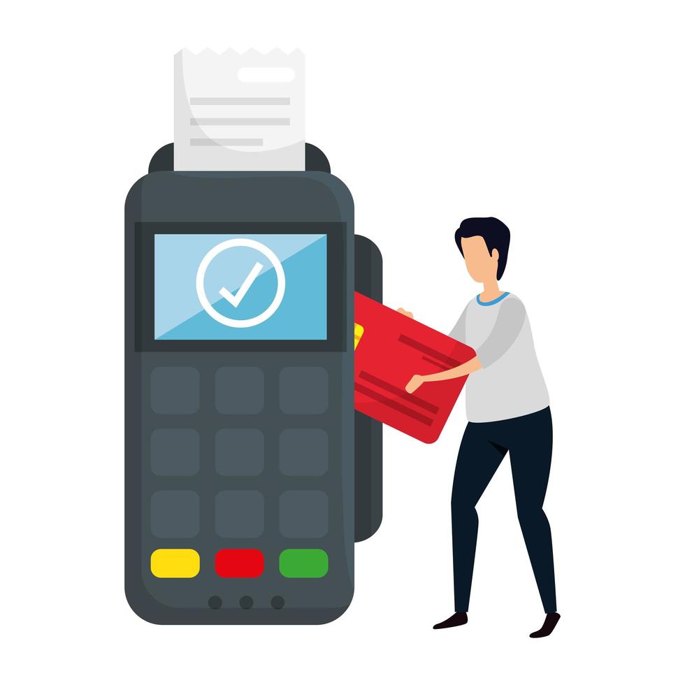 man with dataphone device isolated icon vector