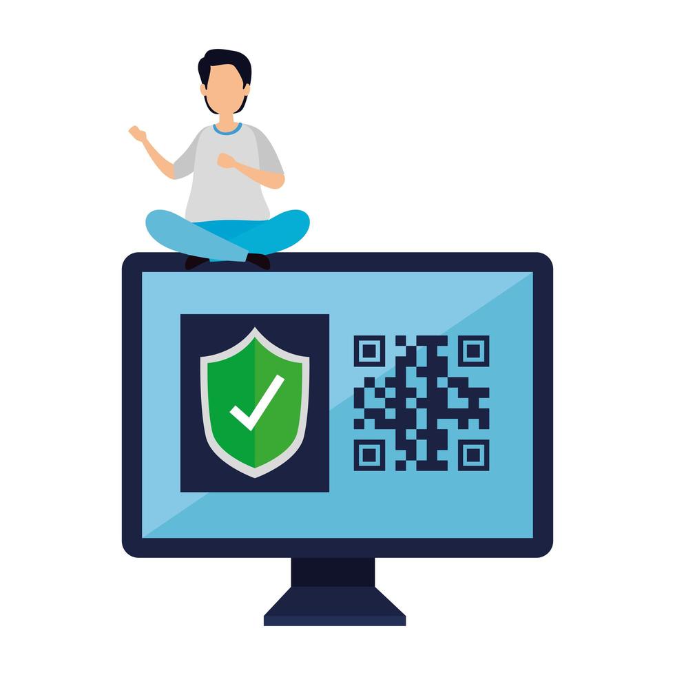 man and computer with qr code isolated icon vector