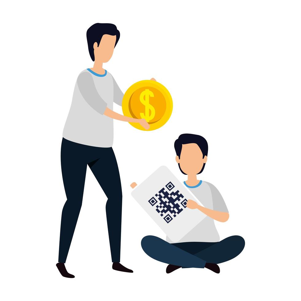 men with qr code and coin vector