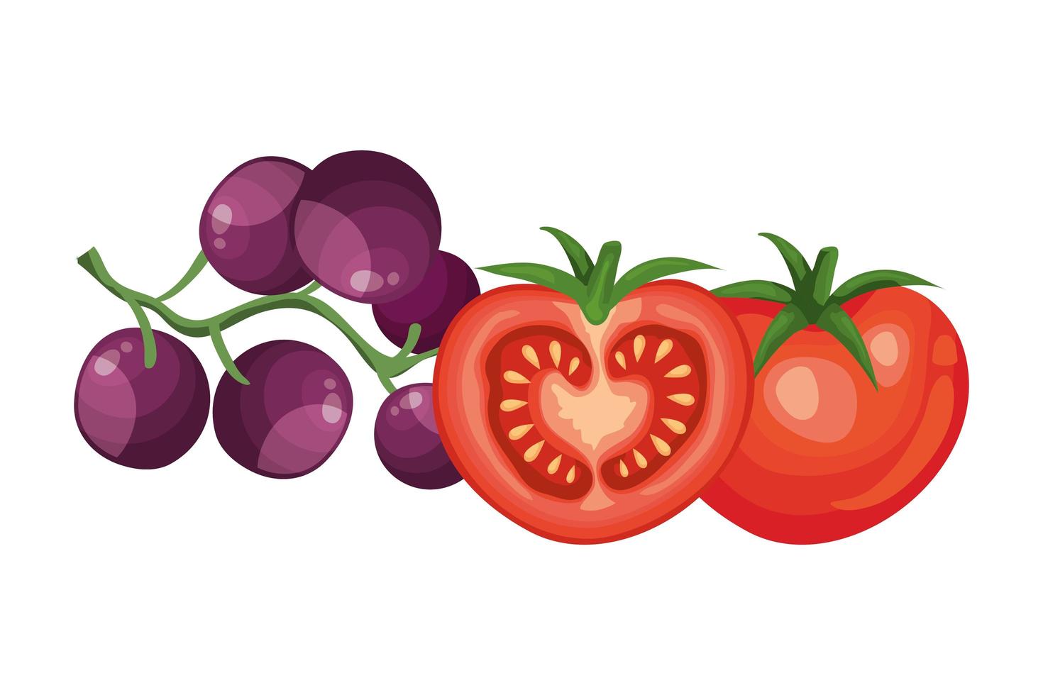 tomates frescos con uvas iconos aislados vector