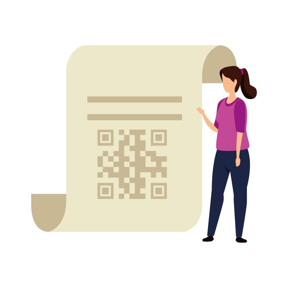 woman and paper with qr code isolated icon vector