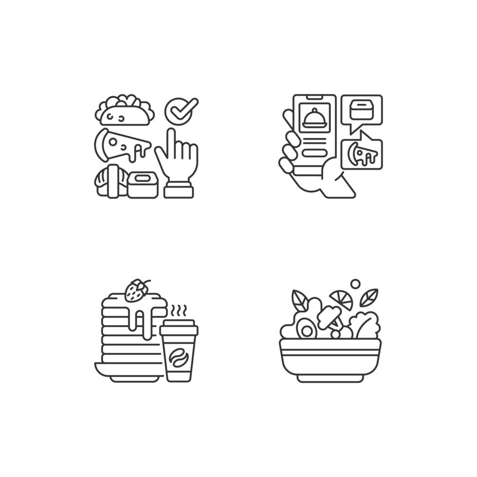 Delivering groceries, pre-prep, pre-made meals linear icons set vector