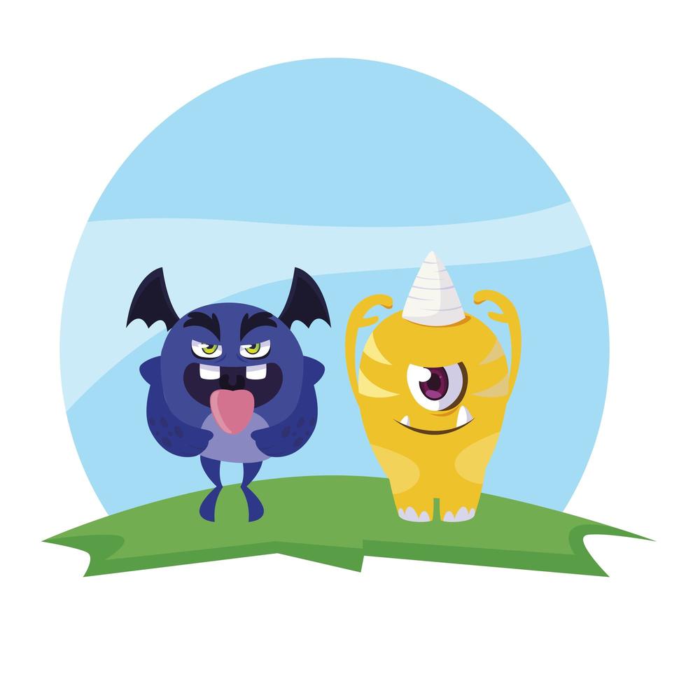 pareja de monstruos divertidos en el campo personajes coloridos vector