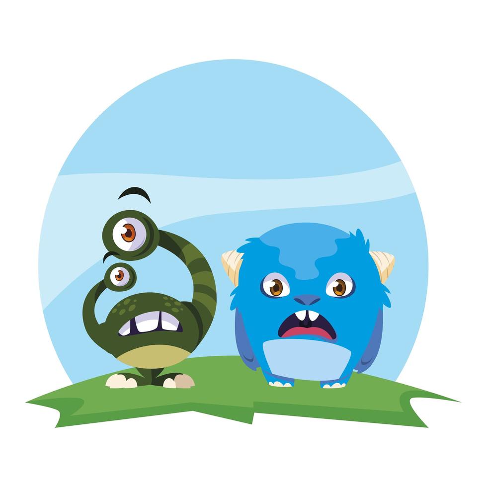 funny monsters couple in the field characters colorful vector