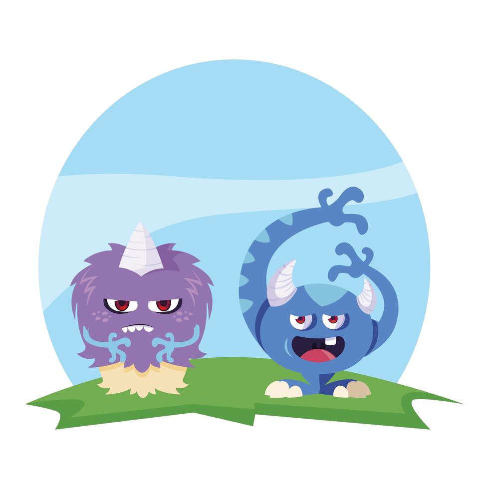 funny monsters couple in the field characters colorful vector