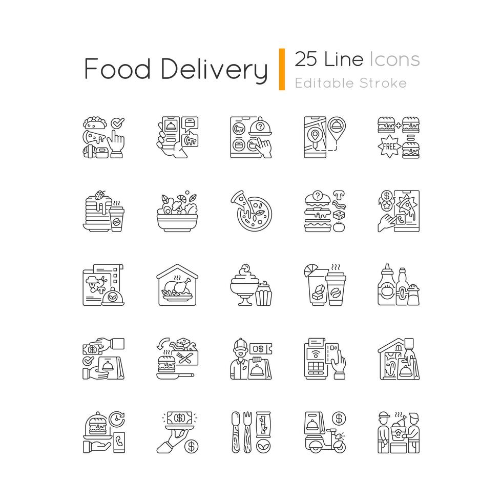 Food delivery linear icons set vector