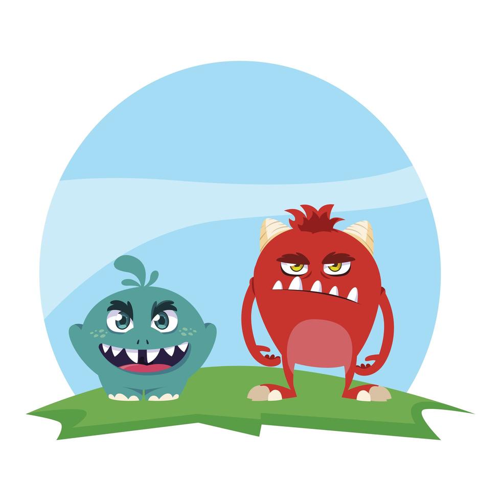 funny monsters couple in the field characters colorful vector