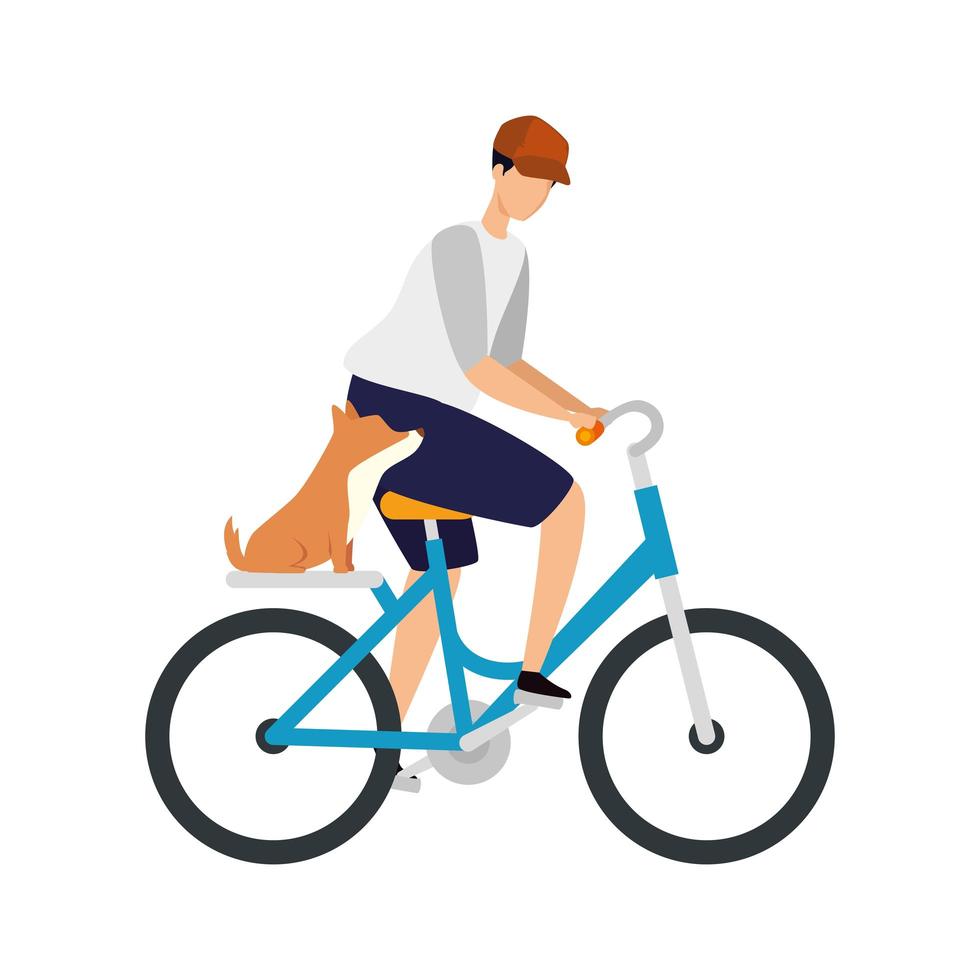 Hombre joven con perro en personaje de avatar de bicicleta vector