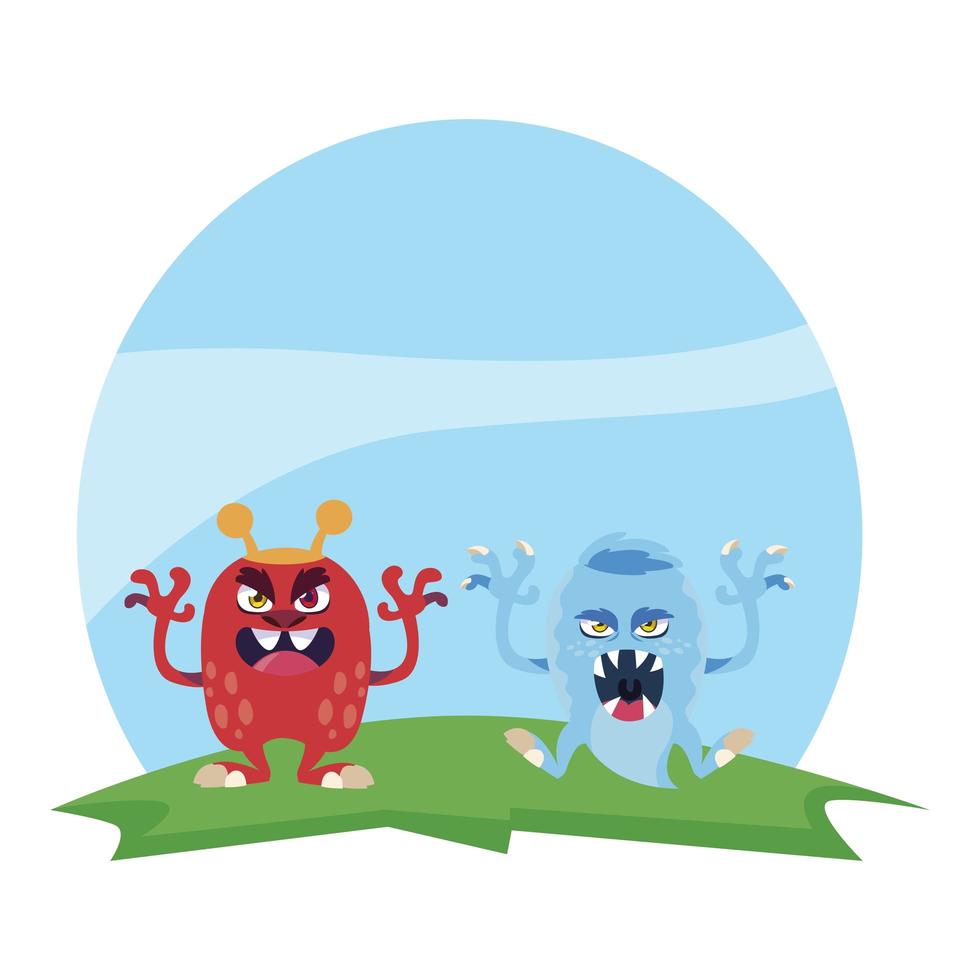 funny monsters couple in the field characters colorful vector