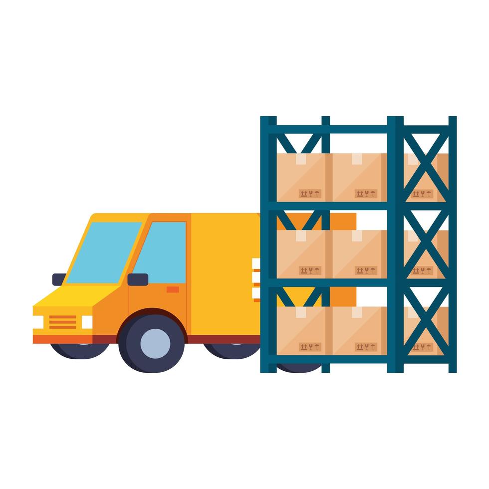 Furgoneta de servicio de entrega y estanterías metálicas de almacén con cajas. vector