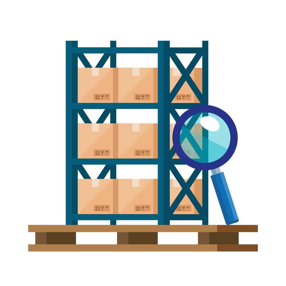 warehouse metal shelving with boxes and magnifying glass vector