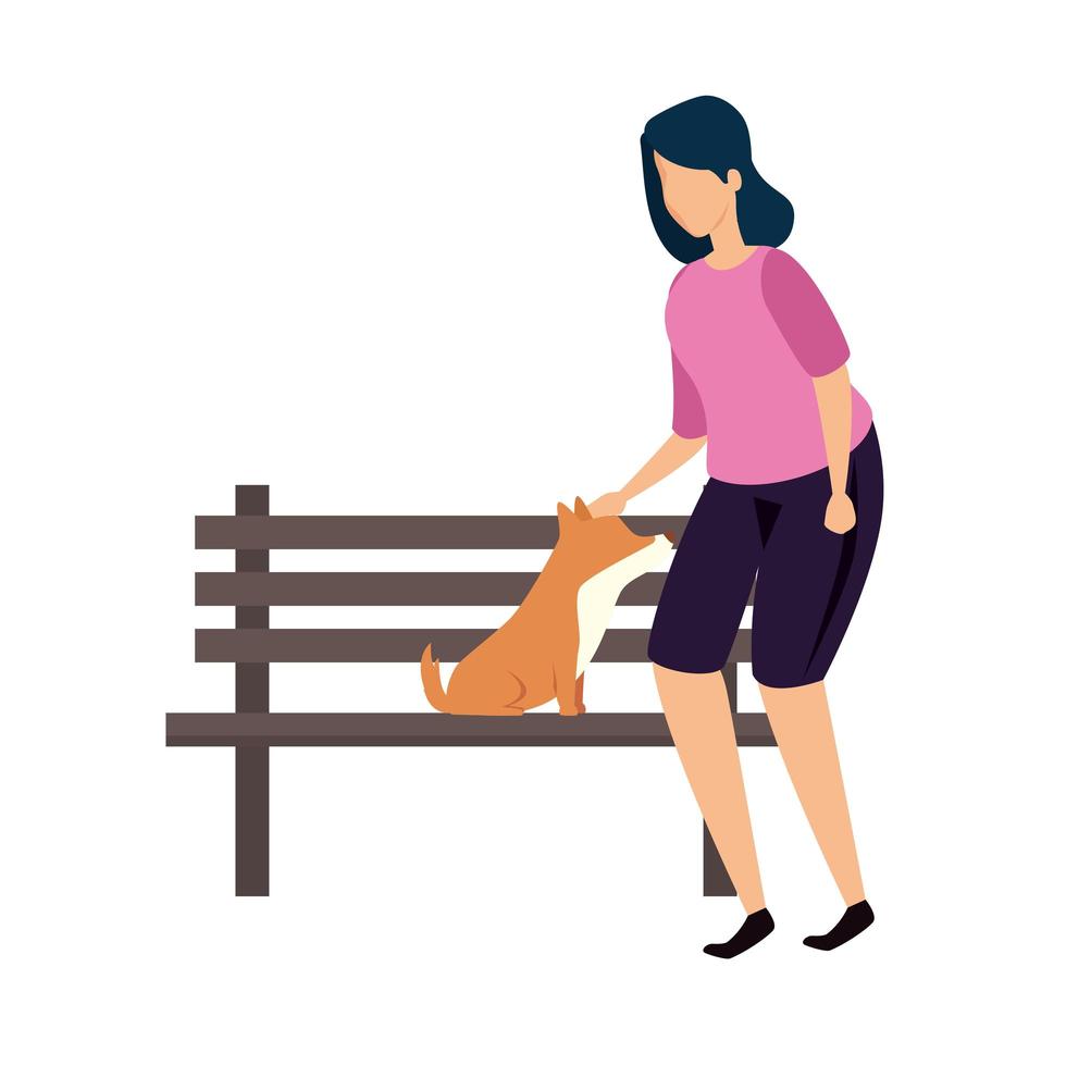 mujer con silla de madera de parque y perro vector