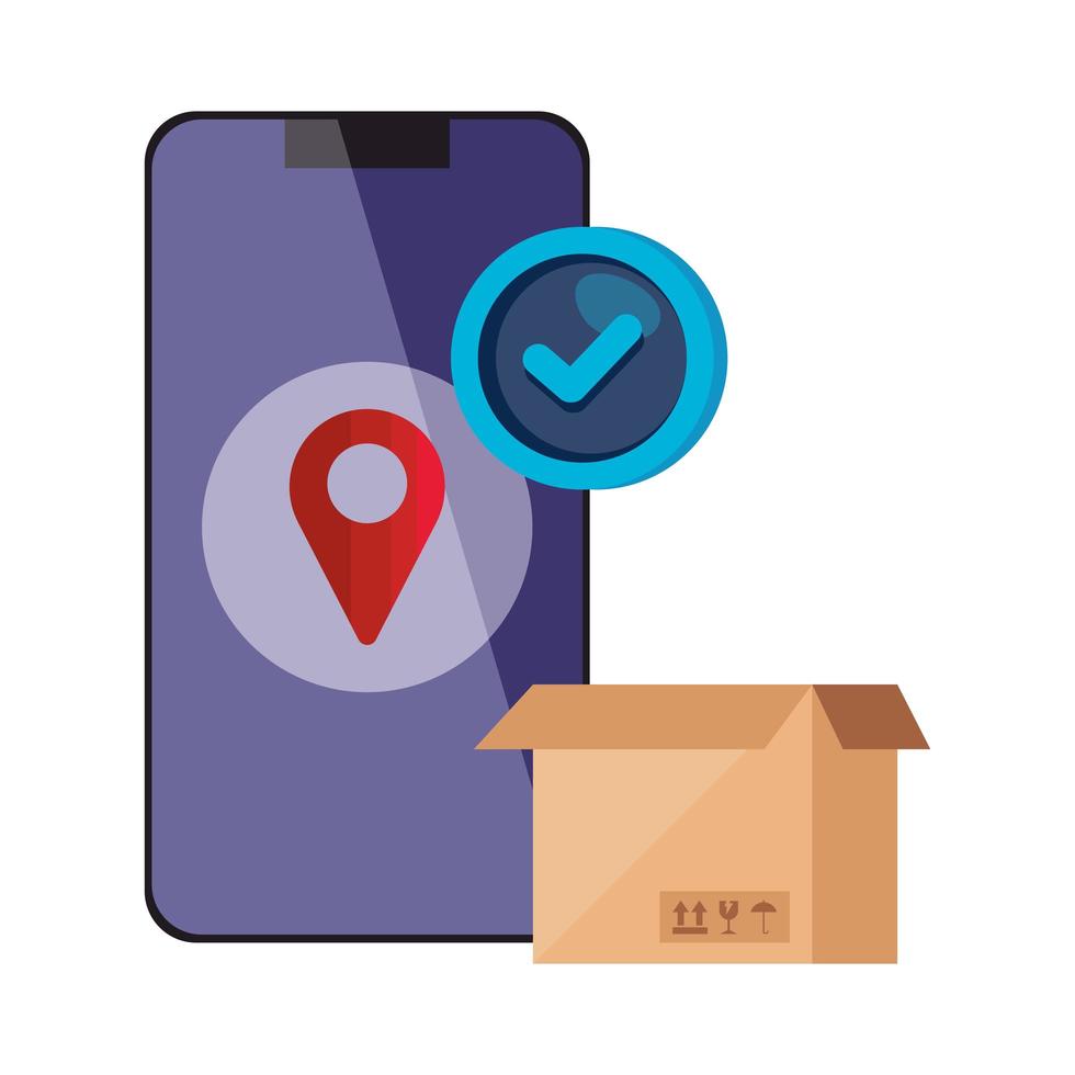 smartphone with location app and box carton vector