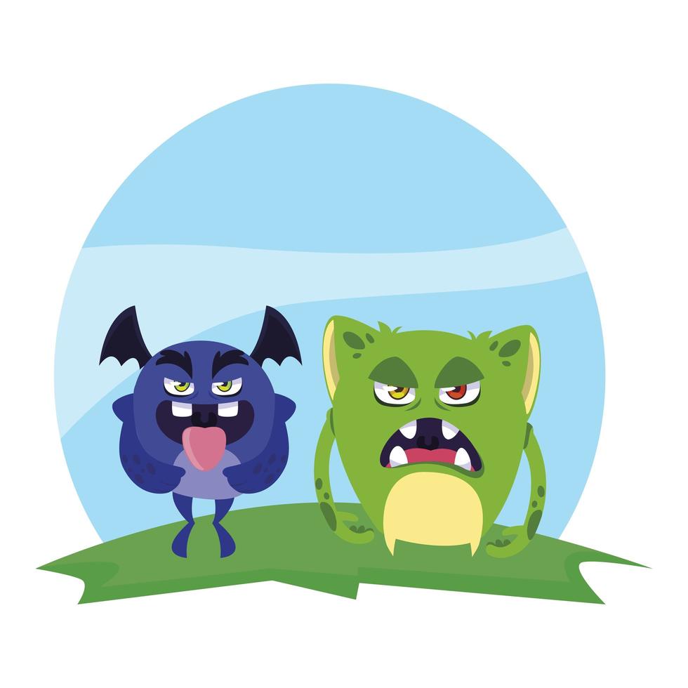 funny monsters couple in the field characters colorful vector