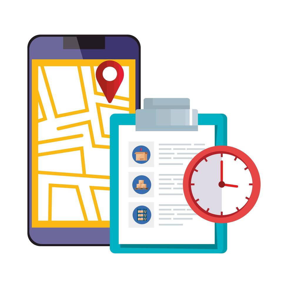 smartphone with map location app and icons vector