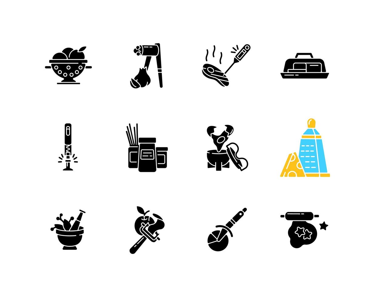 Iconos de glifo negro de herramientas de cocina en espacio en blanco vector