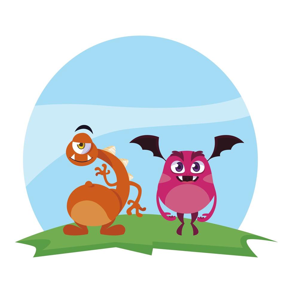 funny monsters couple in the field characters colorful vector