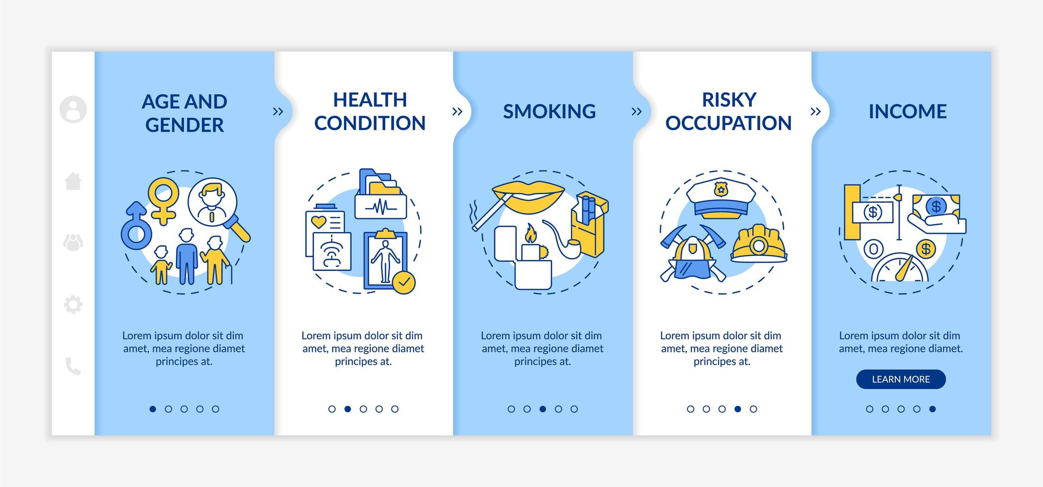 Insurance cost factors onboarding vector template