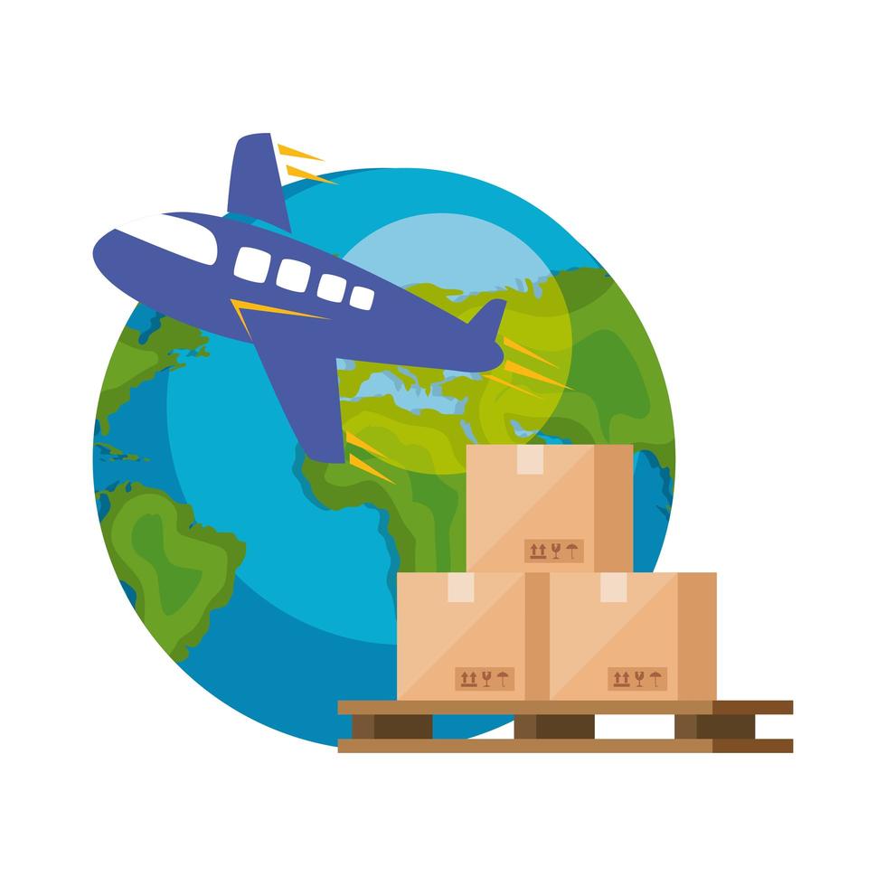 world planet earth with airplane and boxes vector