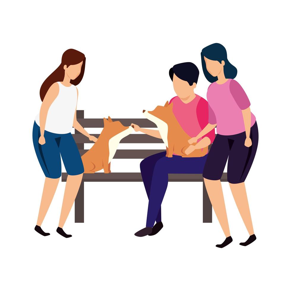 personas con silla de madera del parque y perros. vector