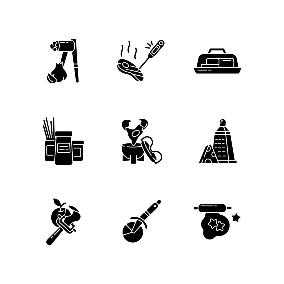 Food preparation utensils black glyph icons set on white space vector