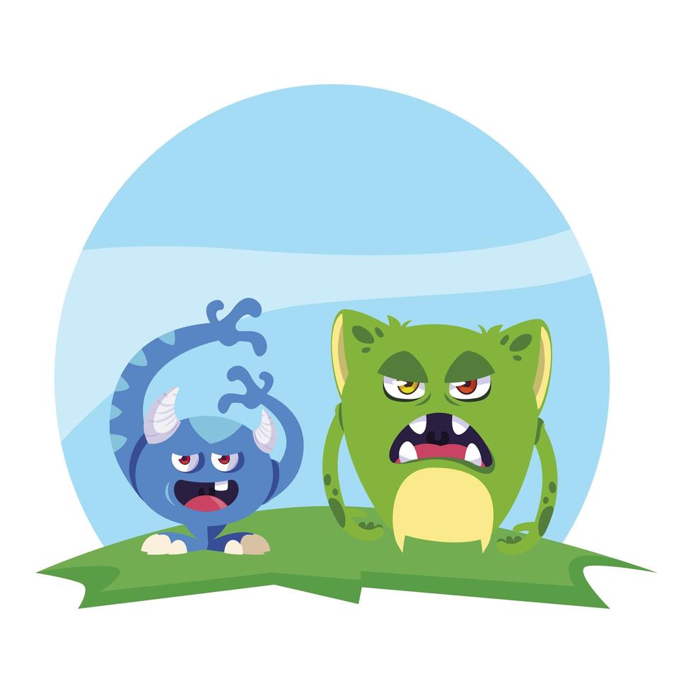 funny monsters couple in the field characters colorful vector
