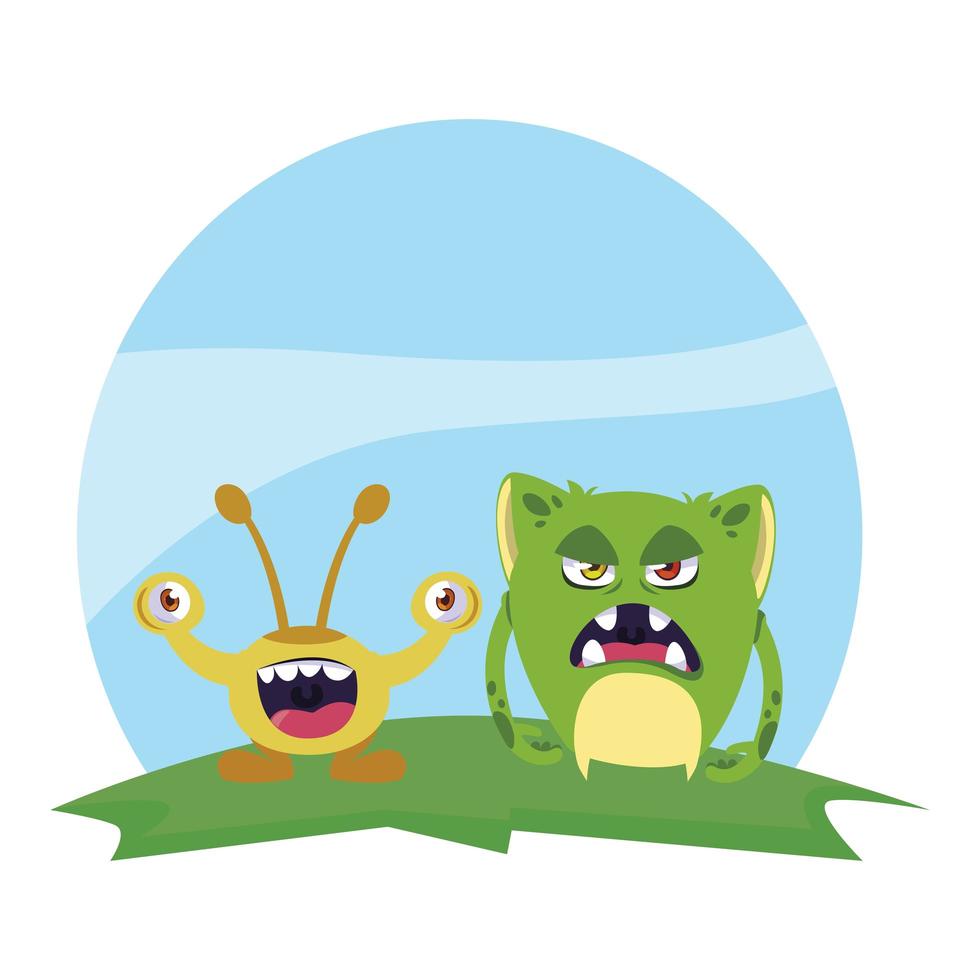 funny monsters couple in the field characters colorful vector