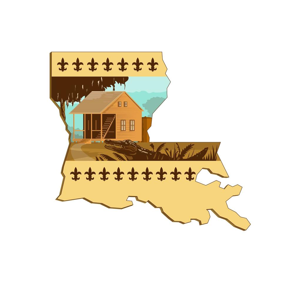 Cajun House and Gator In Louisiana State Map WPA Retro vector