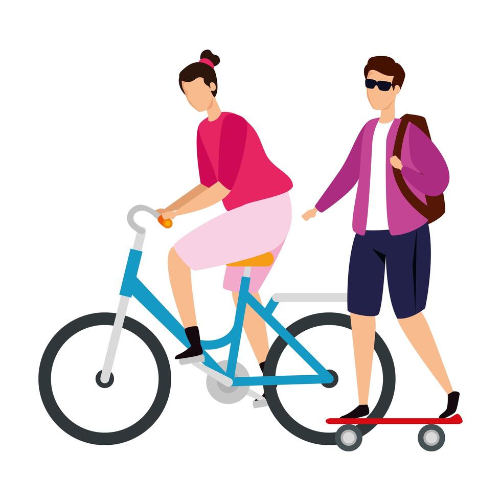 couple with bike and skateboard vector