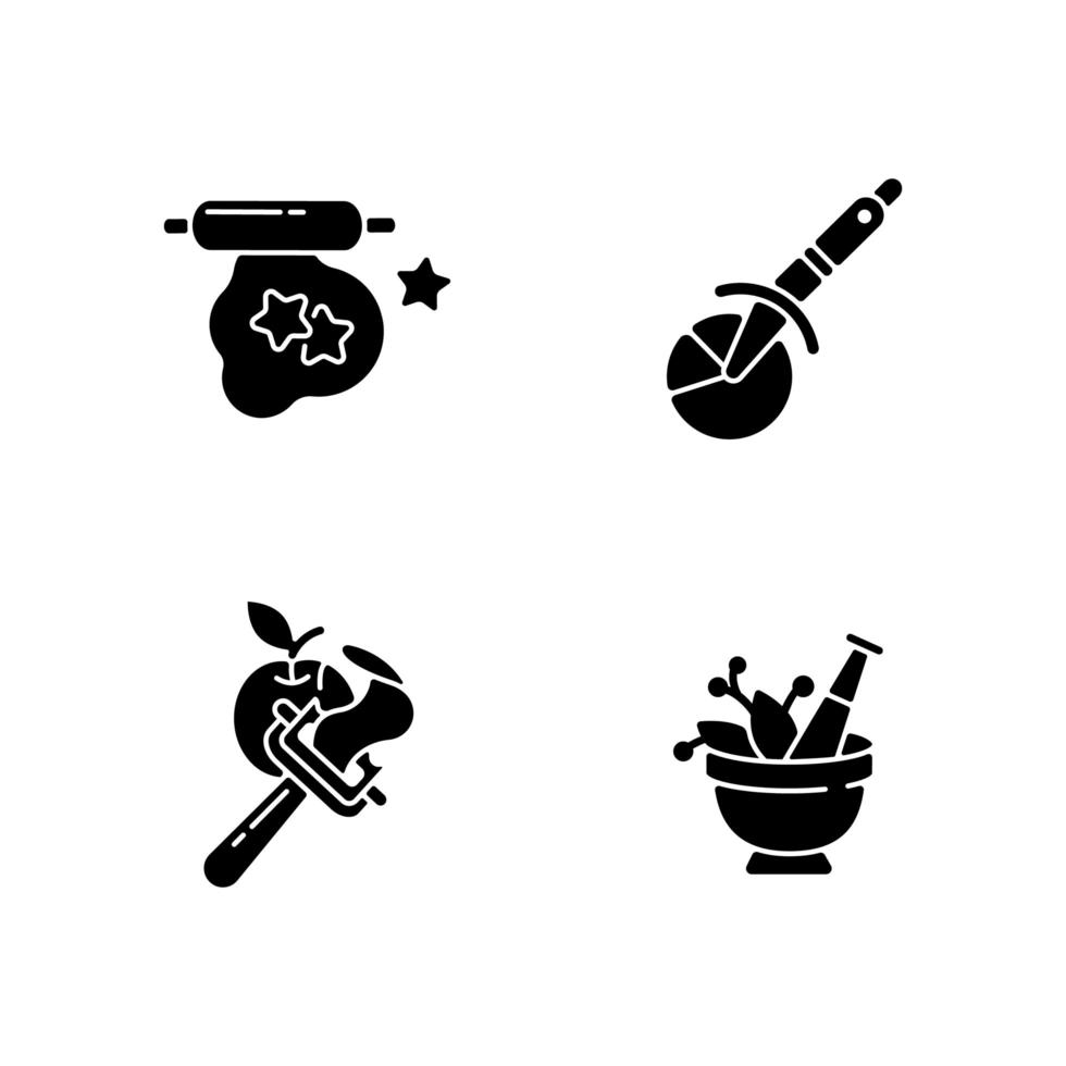 Utensilios de cocina iconos de glifo negro en espacio en blanco vector