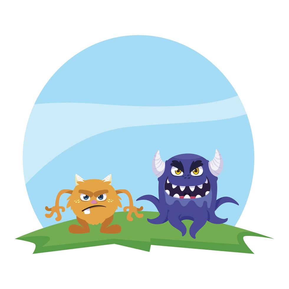 funny monsters couple in the field characters colorful vector