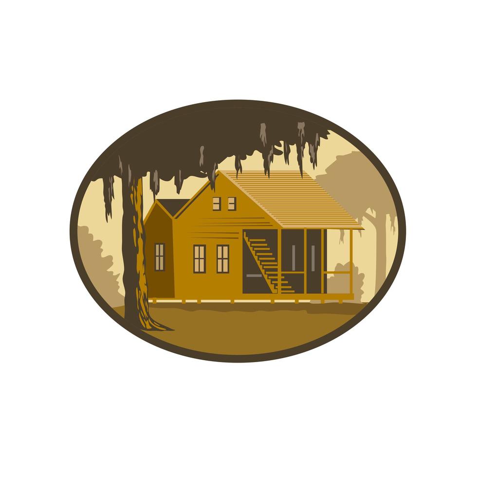 casa cajún y árbol ovalado wpa retro vector