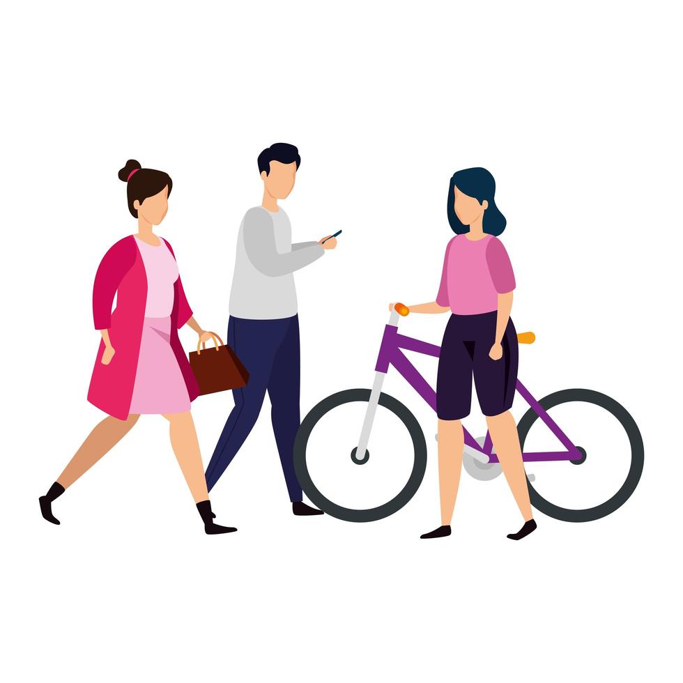 grupo de personas con bicicleta iconos aislados vector