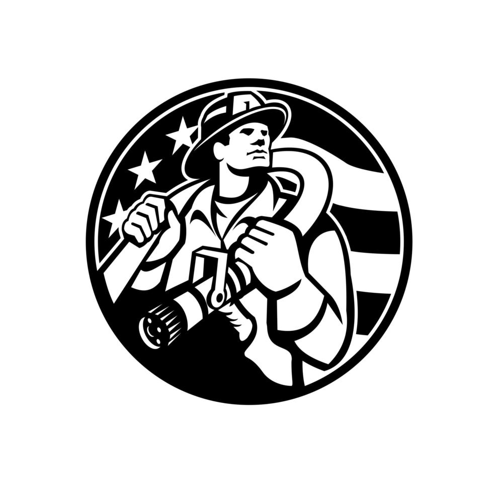 American Fireman Firefighter Carrying Fire Hose USA Flag Circle Retro vector