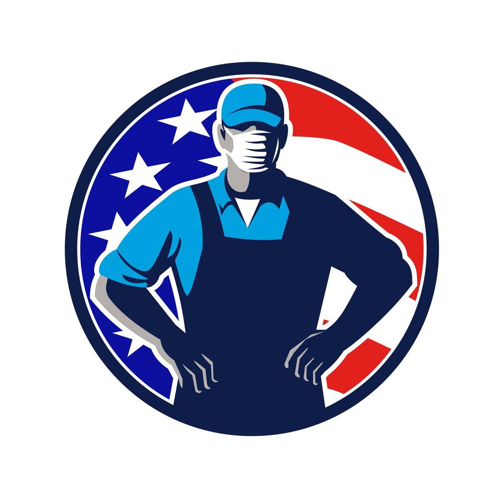 Trabajador de abarrotes con máscara bandera de Estados Unidos círculo retro vector