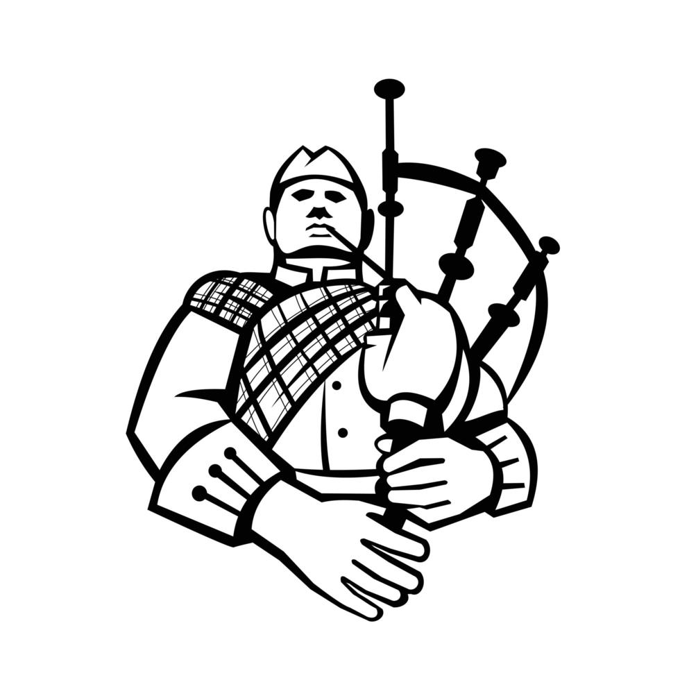 Scotsman Bagpiper Player Playing Bagpipes Front View Retro Black and White vector