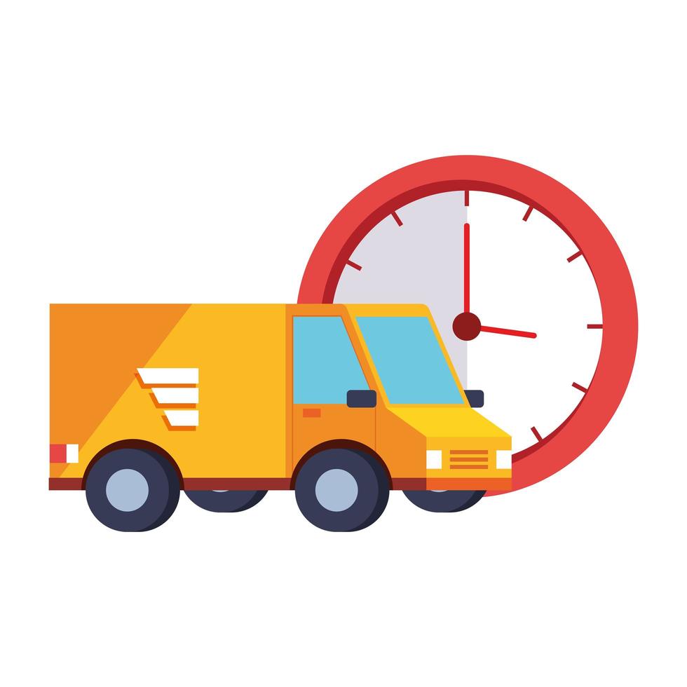 Servicio de entrega van con reloj icono aislado vector