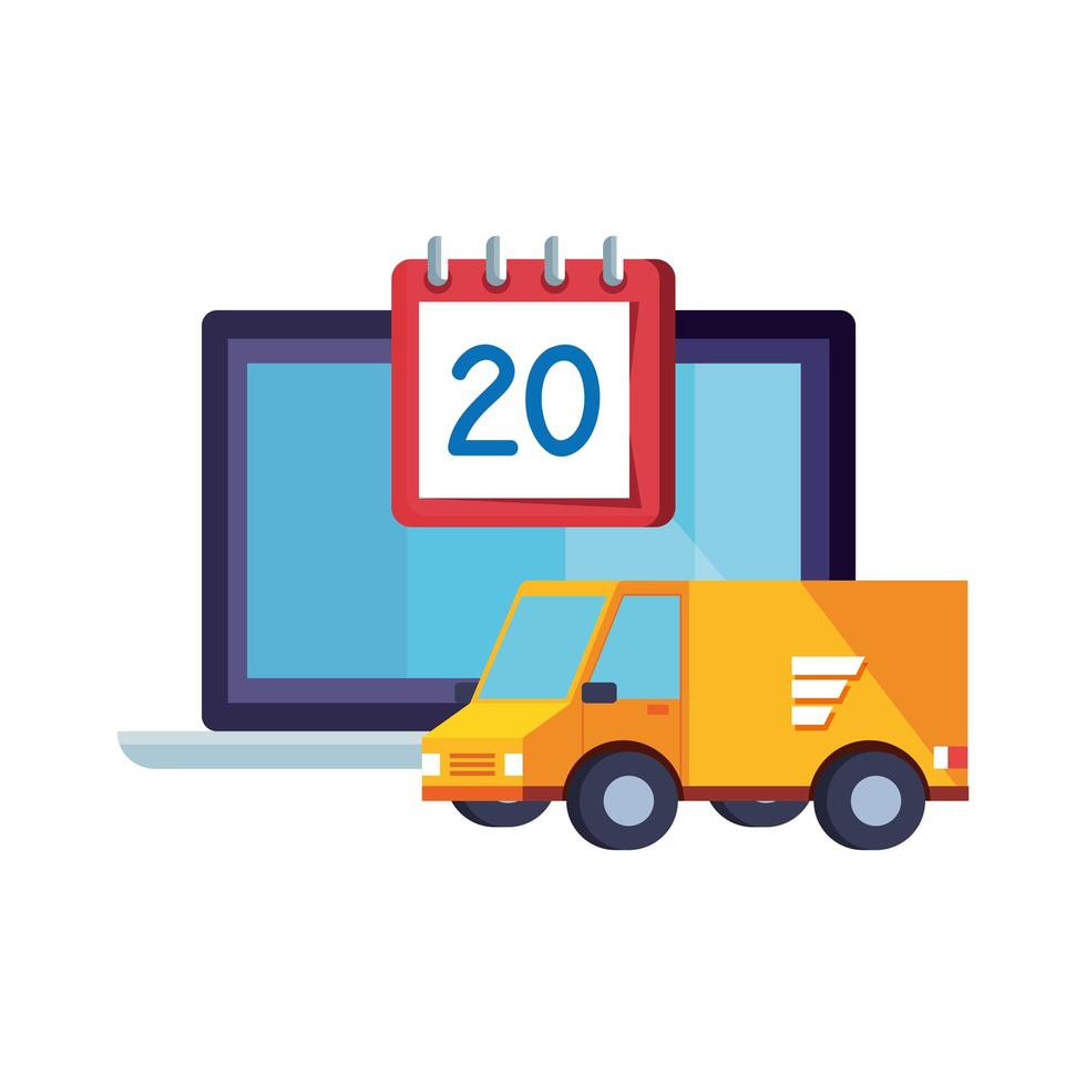 delivery service van with calendar and laptop vector