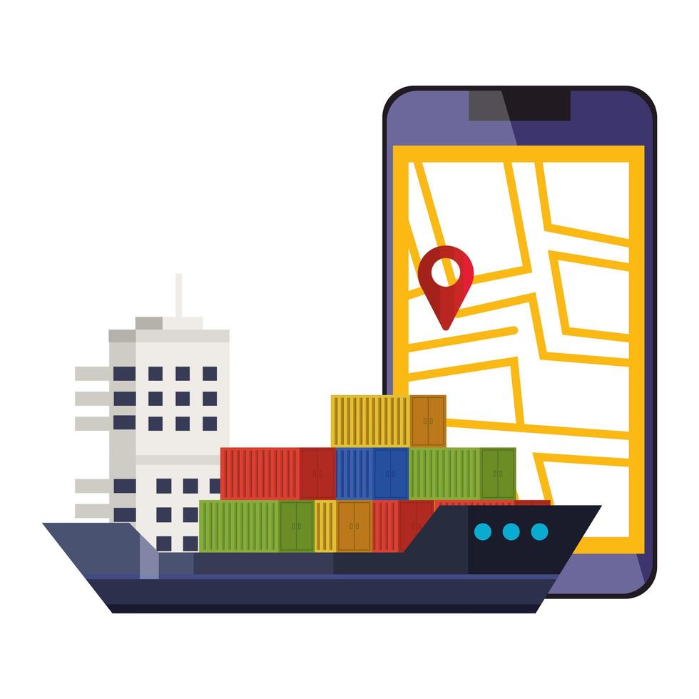 smartphone with map location app and cargo ship vector