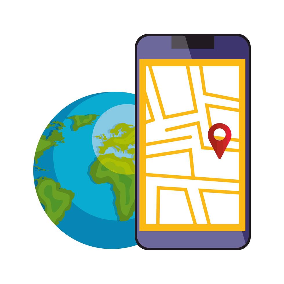 smartphone with map location app and world planet vector