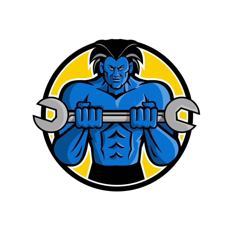 mascota de llave inglesa monstruo muscular azul vector