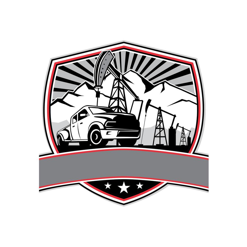 Pick-up Truck and Oil Derrick Shield Badge Retro vector