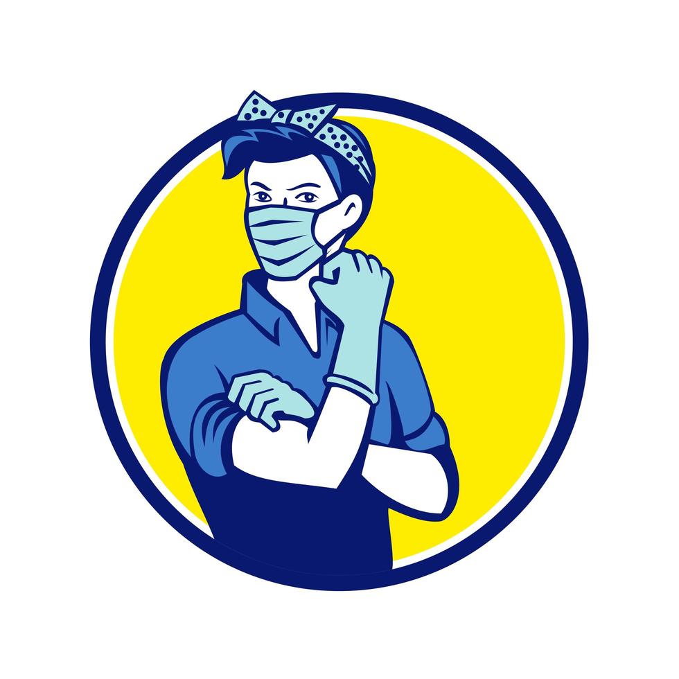 Rosie The Riveter Wearing Mask Circle Mascot vector