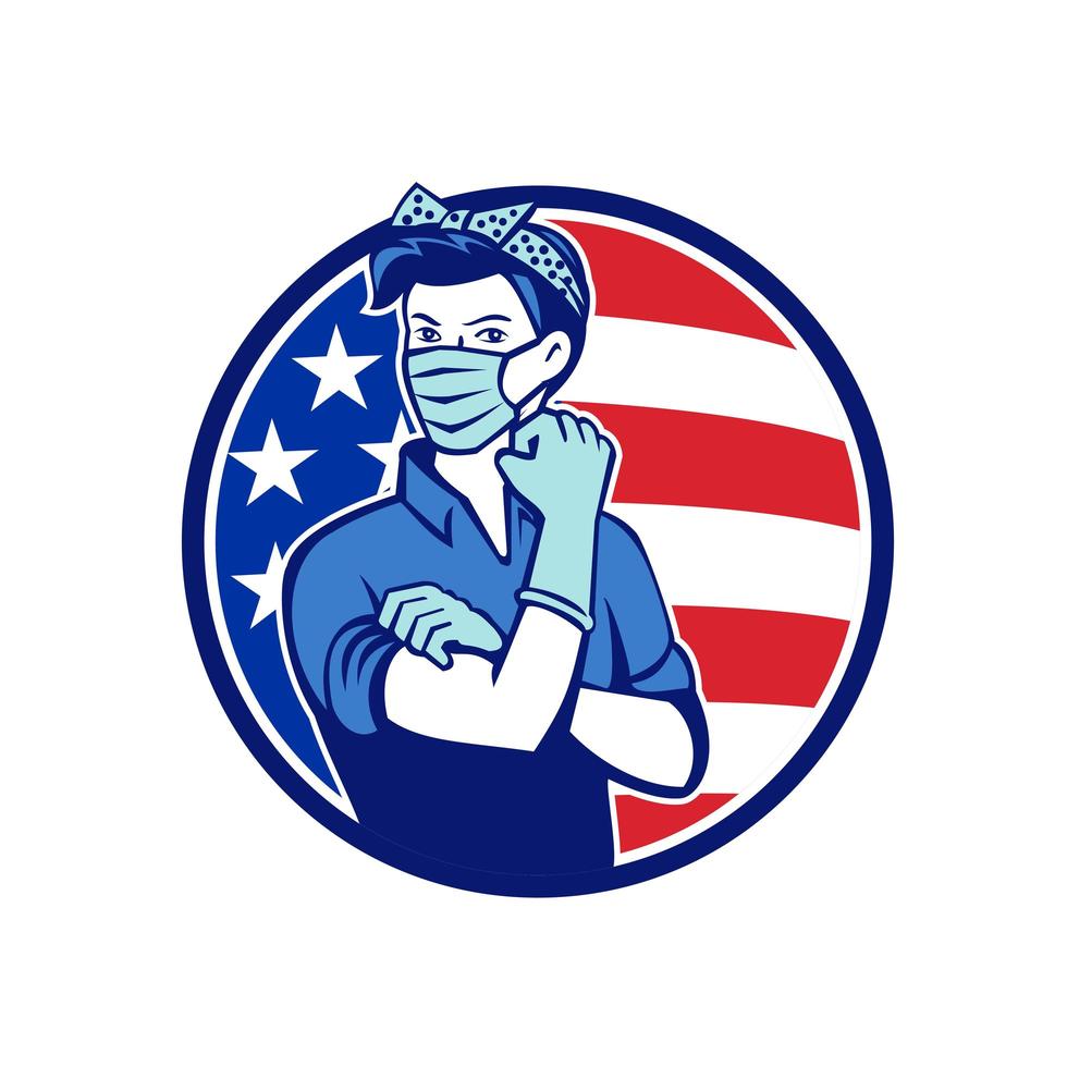 Rosie The Riveter Wearing Mask USA Flag Mascot vector