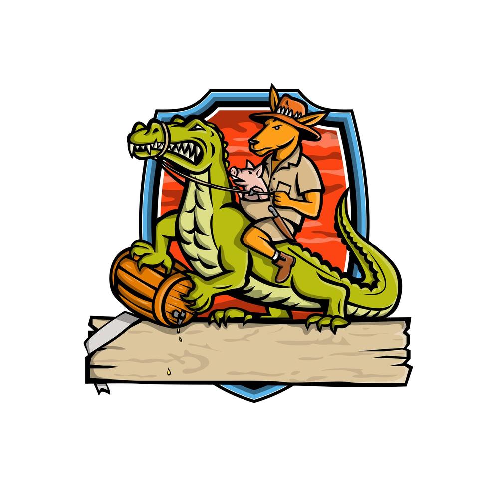 Kangaroo Riding Crocodile Crest Mascot vector