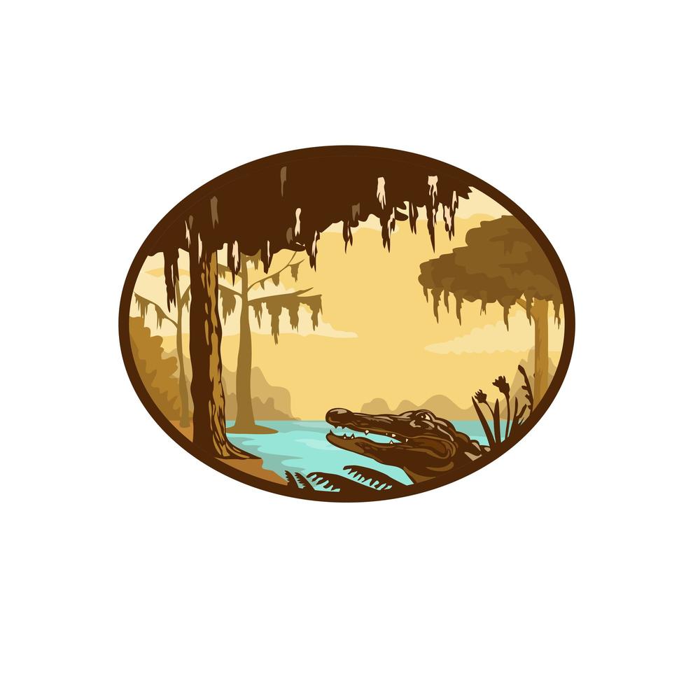 Louisiana Bayou and Alligator Oval WPA Retro vector