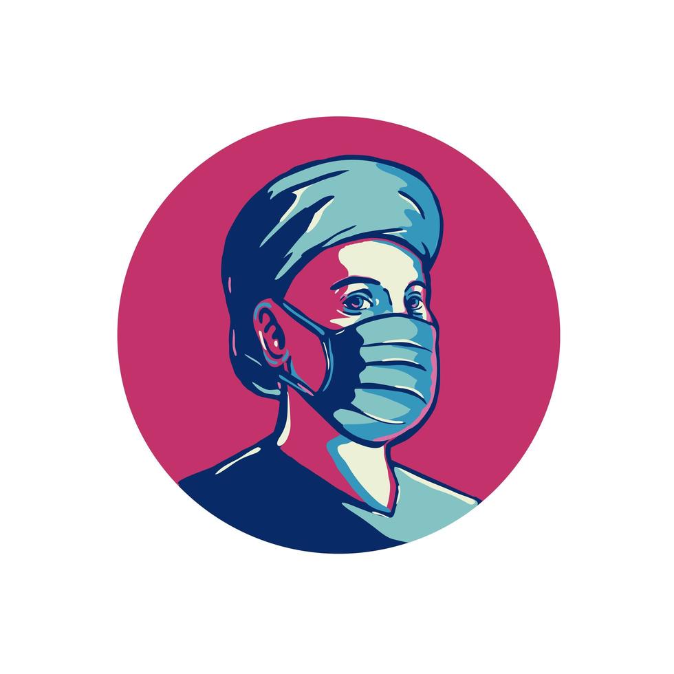 Front Line Worker Wearing Mask and Cap Circle WPA vector